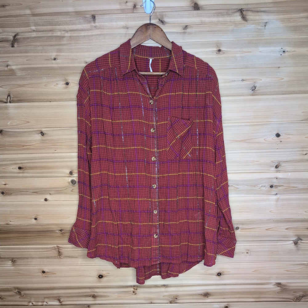Free People Red Purple Plaid‎ Metallic Lurex Button Down Shirt Womens Medium